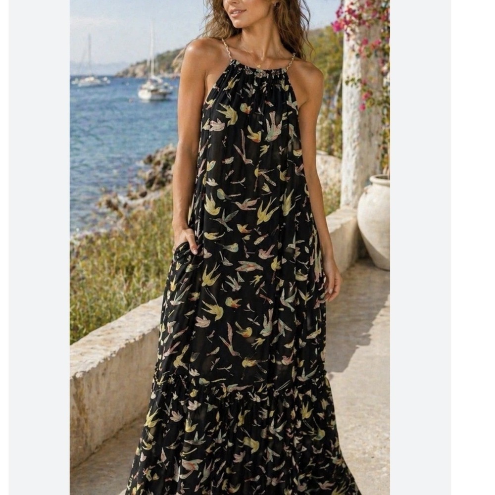 Chelsea & Violet Bird Print Chiffon Halter Maxi Dress Navy Blue Multi Medium